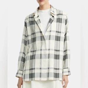 $365 Theory Fluid Plaid Button Down Shirt Top Blouse Ivory Black K0106526 M Silk